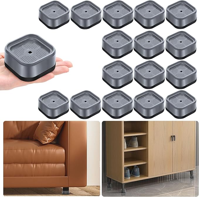 shouwuhho 16 Pack Furniture Risers Adjustable Bed Risers Heavy Duty Lifts Height 1", Square Stackable Bed Risers 1, 2 or 3 Inch for Desk Leg Table Couch Sofa Chair Bed Frame Legs Dorm, Gray