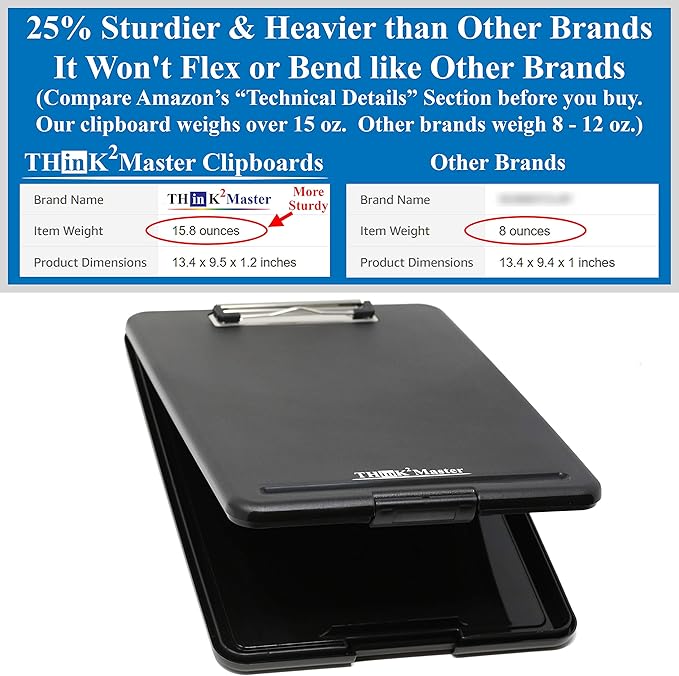 Think2Master [3 Pack] Black Plastic Storage Clipboard. | 25% Heavier & Sturdier| Heavy Duty and Won’t Flex Like Other Brands (Compare The Weight). Storage Compartment Holds 150 Letter Sized Paper.