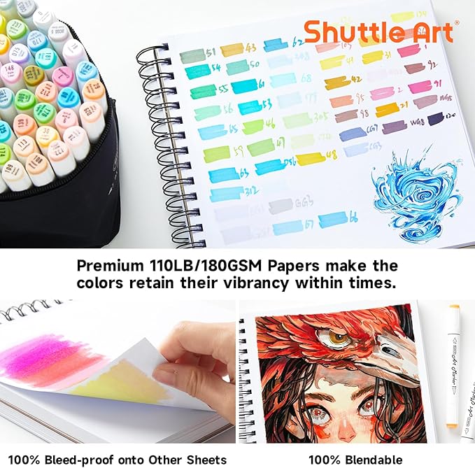 Shuttle Art Marker Pad, 8.3”x8.9” Portable Square Sketchbook, 80 Sheets Marker Drawing Paper, 110LB/180GSM Bleedproof Art Paper, Spiral-Bound, Great for Professional Artist to Draw, Paint & Sketch