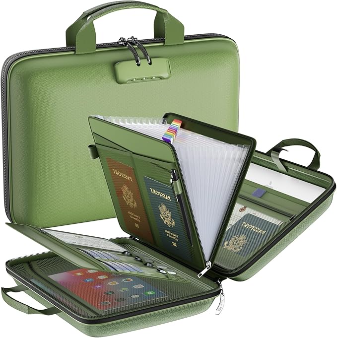 Fireproof File Organizer with Lock, Hard-Shell Case Fireproof Document Box with 13 Pockets Accordion File Folder, Important Document Organizer for Letter A4 Files Laptop Passports (Green)