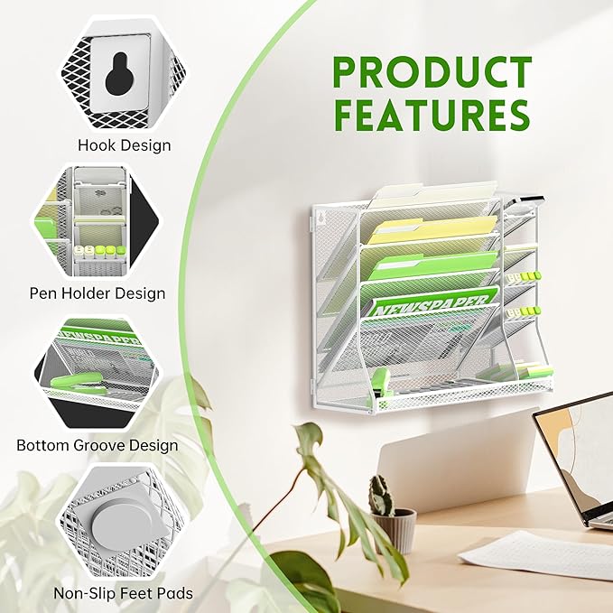 SUPEASY Wall File Organizer, 5-Tier office wall organizer with 4 Pen Holders, Wall Organizer for Office with R-shaped Bottom Tray, Metal Desk Organizer for Office, School, Home, White