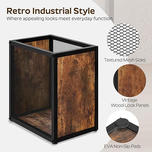 YATINEY Office Trash Can, 4 Gallon Garbage Can, Metal Wastebasket with Wood-Look Panels, Industrial Style Trash Can for Office, Study, Rustic Brown and Black WB03BR