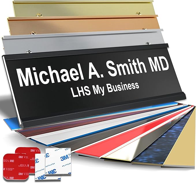Personalized Name Plate with Choice of Mounting Holders for Walls, Doors, Cubicles, Hanging and More - Custom Black Plastic White Letters - USA Made 2x12 - B2