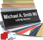 Personalized Name Plate with Choice of Mounting for Walls, Doors, Desk Holders, Cubicles, Hanging and More - Custom Black Plastic White Letters - USA Made 2x8 - B2
