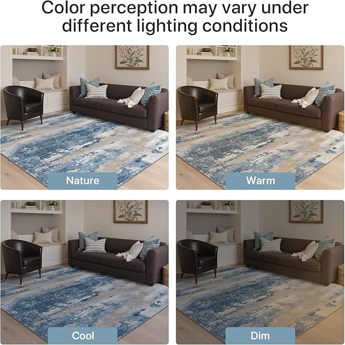 GENIMO No Crease Non Slip 6x9 Area Rugs for Living Room, Craft Woven Modern Abstract Rug, Soft Floor Carpet, Single-Piece Rugs for Bedroom, Dining Room, Office, Blue