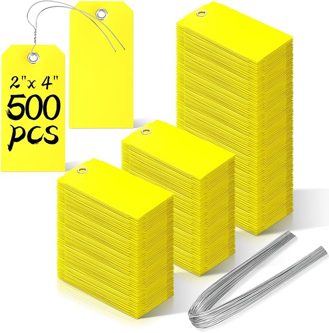500 Pieces Plastic Shipping Tags With Wire - Waterproof Heavy Duty Labeling Tags With String Wires for Equipment Car Parts (Yellow, 2x4)