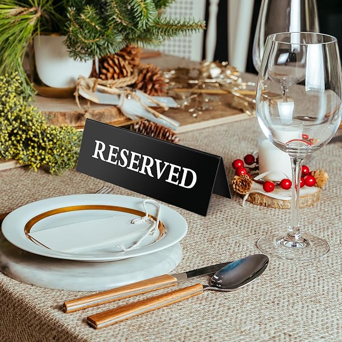 6 Pieces Table Top Reserved Sign Table Signs Reserved Seating Signs Double Sided Table Tent Sign for Wedding Restaurant Family Ceremony Events (White Words Black Background,7.8 x 2.75 Inches)