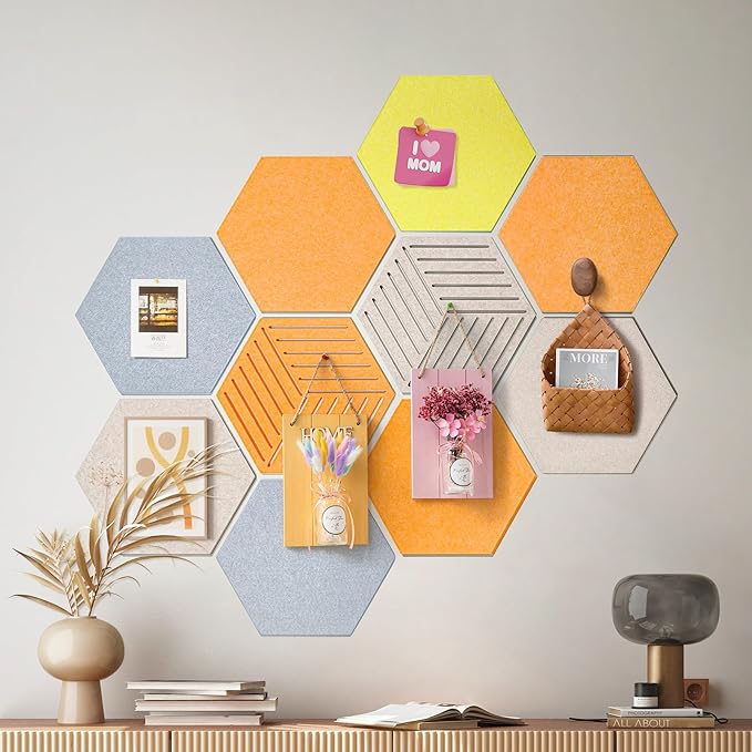 Fwpelt 12'' Medium Hexagon Cork-Bulletin Board Tiles Frameless 10 Pack Adhesive Removable Felt Corkboard Decorative Prayer-Vision Board for Home-Office Wall Decor, Hex Tack Pinboard with 30 Pushpins