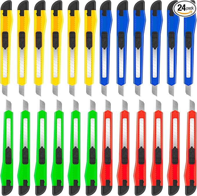 24Pack Box Cutters (9MM Wide Blade Cutter 4 Color) Utility Knife Retractable Compact Extended Use for Office, Home, Arts Crafts, Hobby