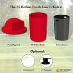Sturdy Essentials Campus Collection 55 Gallon Round Plastic Heavy Duty Commercial Indoor or Outdoor Trash Can with Push Open Dome Lid and Internal Liner | Great for Schools and Businesses - Red