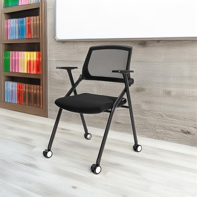 VACYOVKE 10 Pack Conference Room Chairs with Wheels and Sliding Armrest,Foldable Nesting Chair for Office School Church Waiting Room Black