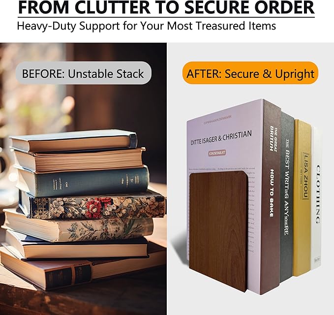 Brosisincorp Walnut Wood Book Ends for Shelves - Hand Polished Edges, Non-Skid Bookends for Heavy Duty Book Holders Office Desk Shelves Decorative Book Organizer, 6.69"H x 4.72"W x 3.94"L (1 Pairs)