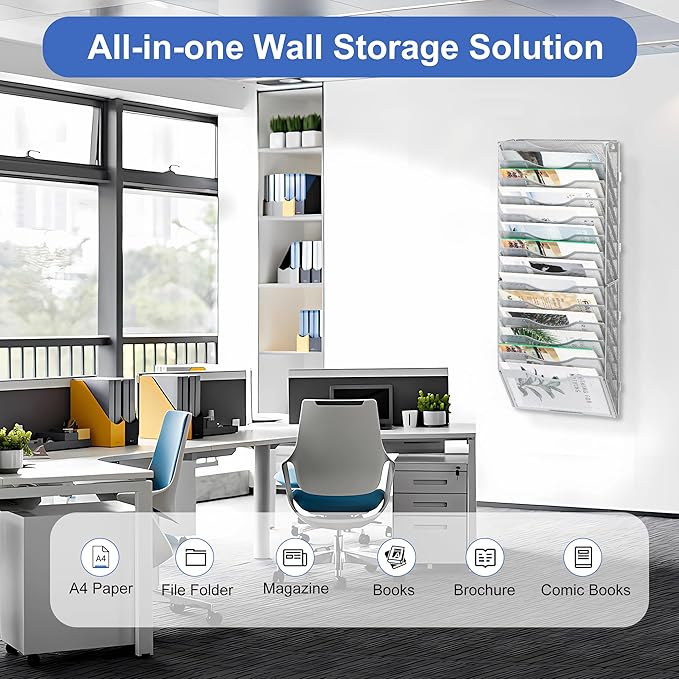 EasyPAG Wall File Organizer for Office 14 Pocket Mesh Wall Mounted Paper Organizer Hanging Folder Holder with Nametag Label for Home School, Silver