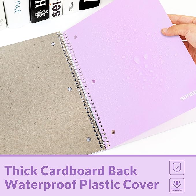 SUNEE Spiral Notebook, 1-Subject, Wide Ruled Paper, 8" x 10-1/2", 100 Sheets per Notebook, 3-Hole Punched Paper, Water Resistant Cover, Double-sided Pockets, Spiral Lined Notebooks for School, Purple