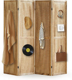 Aleesing 4 Panel Pegboard Display with 16 Hooks, Wooden Room Divider Wall and Folding Privacy Screens, Partition Room dividers, Pegboard Room Divider, Jewelry Store, Bedroom, Balcony, Light Brown