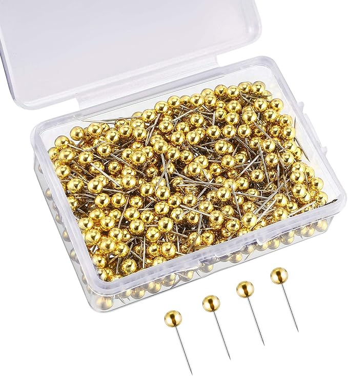 WILLBOND 500 Pack Map Push Pins Map Tacks Small Round Head Push Pins Thumb Tacks for Travel Picture Photo Bulletin Board Wall DIY Craft School Office Home(Golden,1/8 Inch)