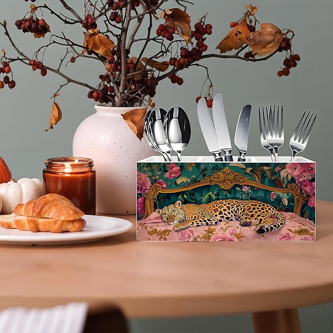 Exqcom Trendy Retro Leopard Pen Pencil Holder, Leopard Print Gifts for Women, Eclectic Maximalist Sleeping Cheetah Pencil Pen Holder Organizer for Home Office Desk Accessories