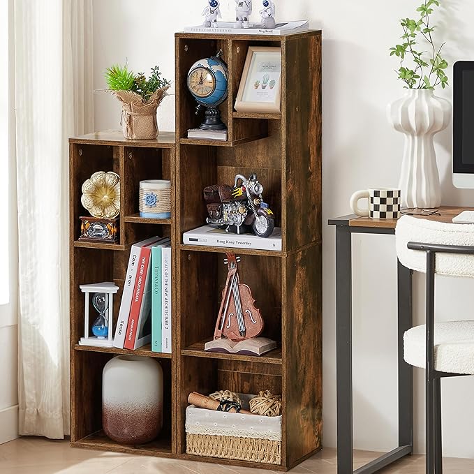 VECELO Narrow Bookshelf Set, Fits 9.3" × 10-12.8" Hardcovers, Cube Storage Bookcases, Free-Standing for Living Room, Bedroom, Home Office, 3/4-Tier, 2-Pack, Brown
