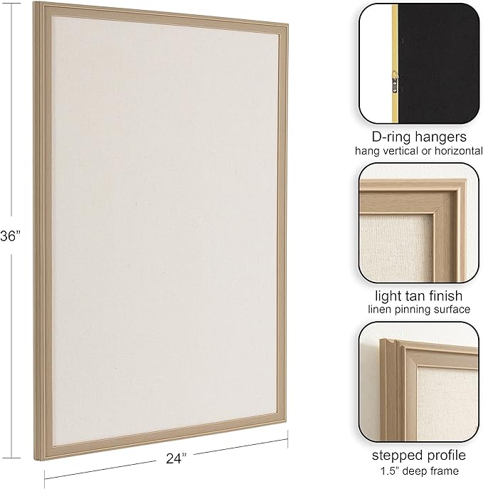 Kate and Laurel Oakhurst Rectangle Framed Linen Fabric Pinboard; 24 x 36; Light Tan; Traditional Decorative Bulletin Board with Stepped Profile and Lightly Distressed Finish