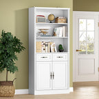 BORNOON 71.4" Tall Bookshelf with Drawers & Cabinet, 5-Tier Floor Standing Bookcase with Storage Doors, Adjustable Shelves & Metal Handles, 31.5" Wide Organizer for Home Office, Living Room