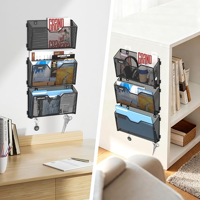 SUPEASY 6 Single Mail Organizer Wall Mounted, Wall File Organizer, Hanging File Organizer with Hooks, Mail Oganizer Binder Holder for Home Office (with 14 Adhesive Hooks)