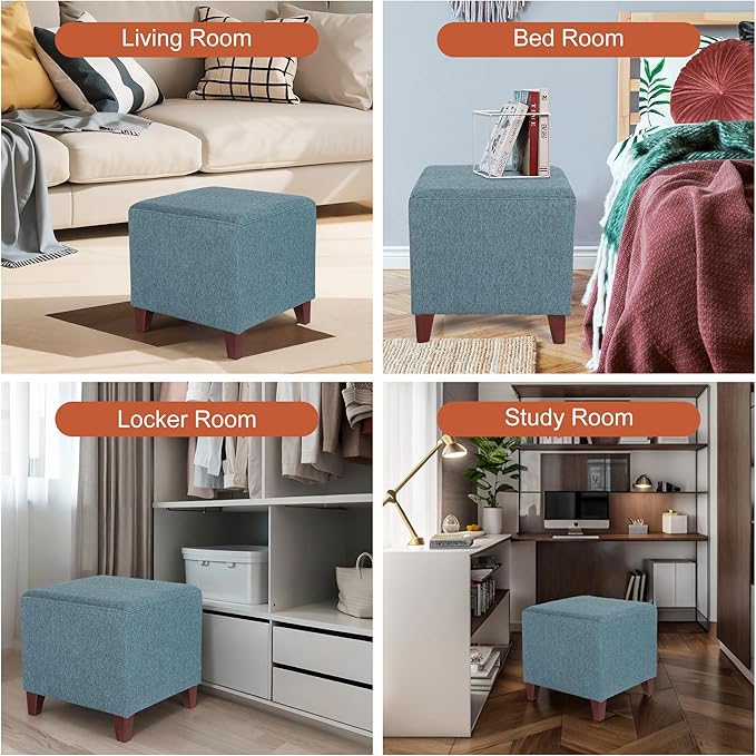 Edeco Square Footrest Ottoman Stool Seat with Linen Fabric and Non-Skid Wooden Legs, Blue