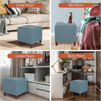 Edeco Square Footrest Ottoman Stool Seat with Linen Fabric and Non-Skid Wooden Legs, Blue