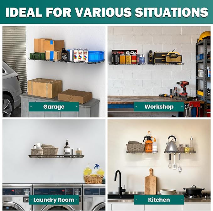 EVERHANGER Garage Wall Shelves 12x24 Inch, Wall Mounted Storage Shelf, Metal Shelf Rack, Heavy-Duty Shelf Organizer 2 Pack, Black