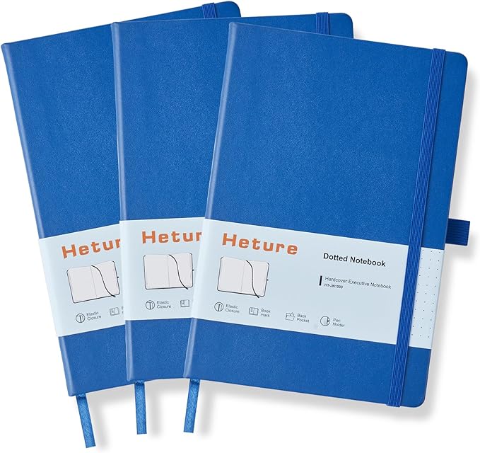 Heture Hardcover Notebooks, A5 Dotted Journal Notebook for Writing 160 Pages, 8.2 x 5.5 inch, Classic Dotted Notebooks for College/Work/Travel(Blue 3 Pack)