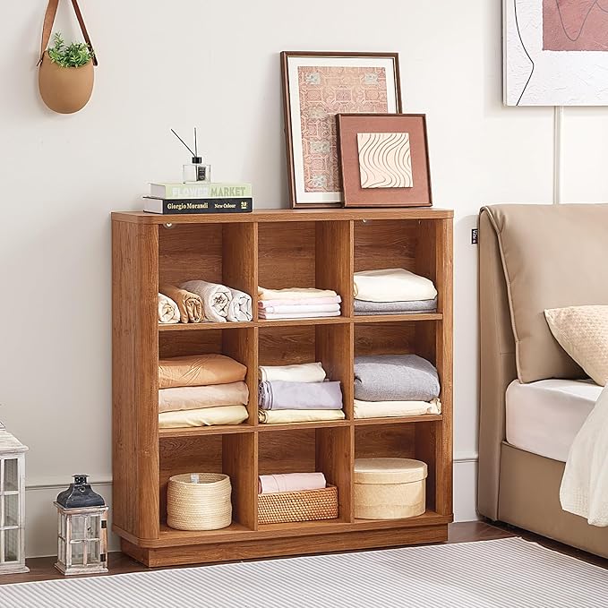 Joaxswe 9 Cube Storage Book Shelf, 41" Tall Organizer Bookshelf with Curved Edge, Wood Floor Standing 3-Tier Cubby Bookcase with Base, Country Rustic Display Book Case for Library, Office, Brown