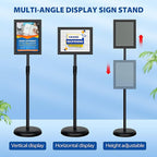 VAIIGO 2Pack 8.5x11 Inch Adjustable Pedestal Poster Sign Stand, Heavy Duty Floor Standing Sign Holder Stand Aluminum Snap Open Frame for Vertical and Horizontal View Sign Displayed(Black)