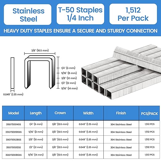 meite T-50 Heavy Duty Staples Marine, 1/4 Inch 304 Stainless Steel Staples for Staple Gun, 20 Gauge 3/8 Inch Crown Upholstery Staple for Marine Applications (1 Case)