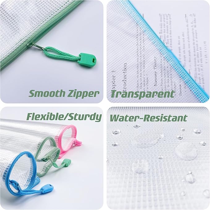 Oaimyy-18 Pcs,Plastic Mesh Zipper Pouch Document Folders Bag Zipper Zip File Folders for Office Supplies, Travel,Organizing Storage (6 Sizes, Multicolor)