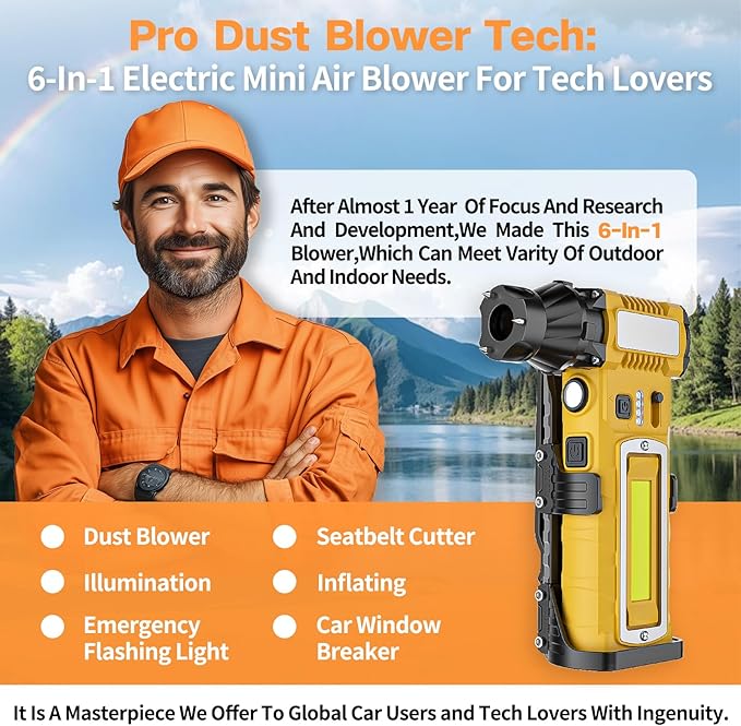 Compressed Air Duster 300000RPM 8000mAh,6-in-1 Electric Mini Air Blower with LED Light,Cordless Rechargeable Air Duster for PC Keyboard Computer Car Vents Cleaning Electronics Cleaner Home and Outdoor