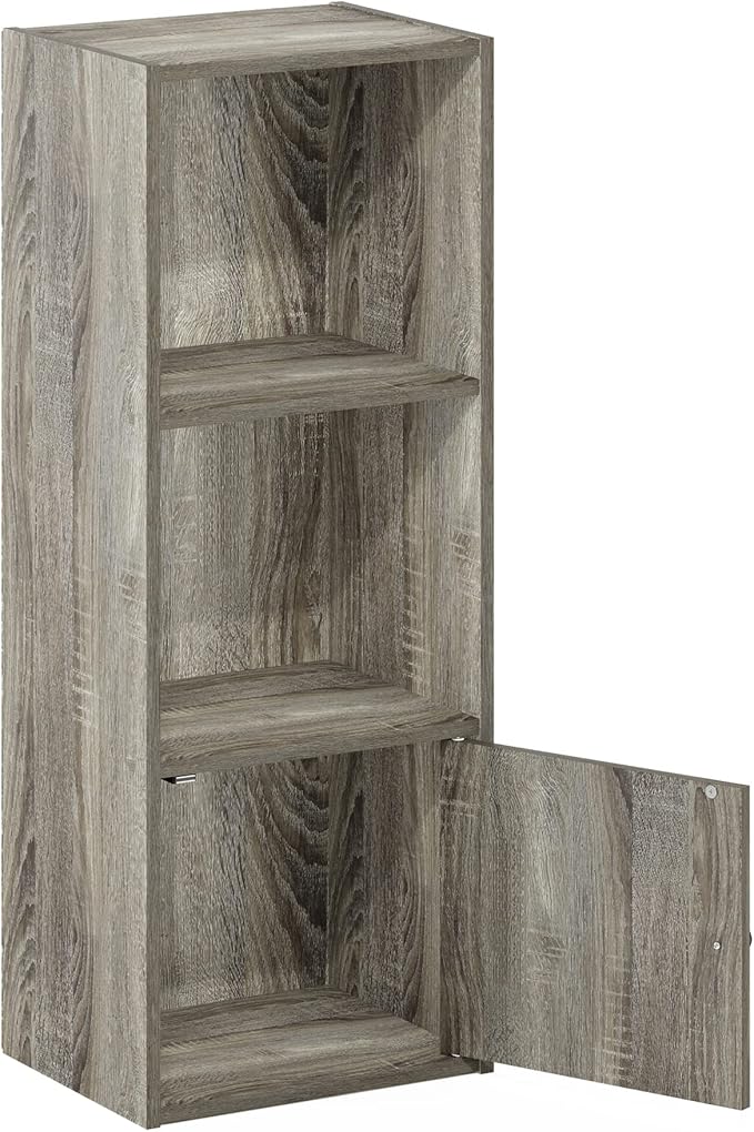 Furinno LUDER Book Shelf, 3-Tier Modern Bookshelf, Bookcase with 1 Door Storage Cabinet, 9.3 x 12 x 31.5, for Living Room, Bedroom, Home Office, French Oak