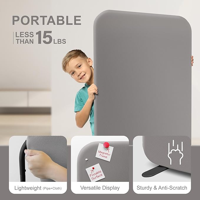 DECOLAB Standing Wall Room Dividers, Portable Partition for Room Separation, Studio, Office, Bedroom, Pinnable Magnetic Frame, 29"x65", Sterling