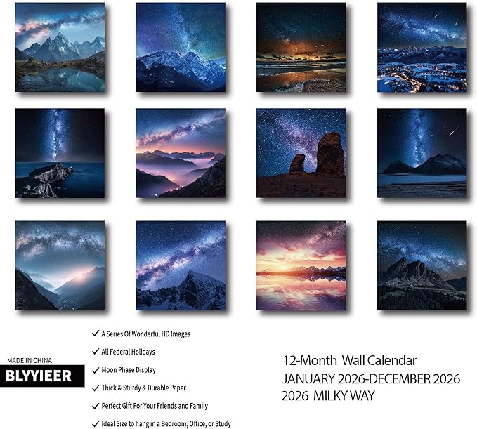 2026 Wall Calendar,Milky Way Monthly Wall Calendar, 12" x 24" Open,Family Planner Calendar Organizer with Milky Way Images