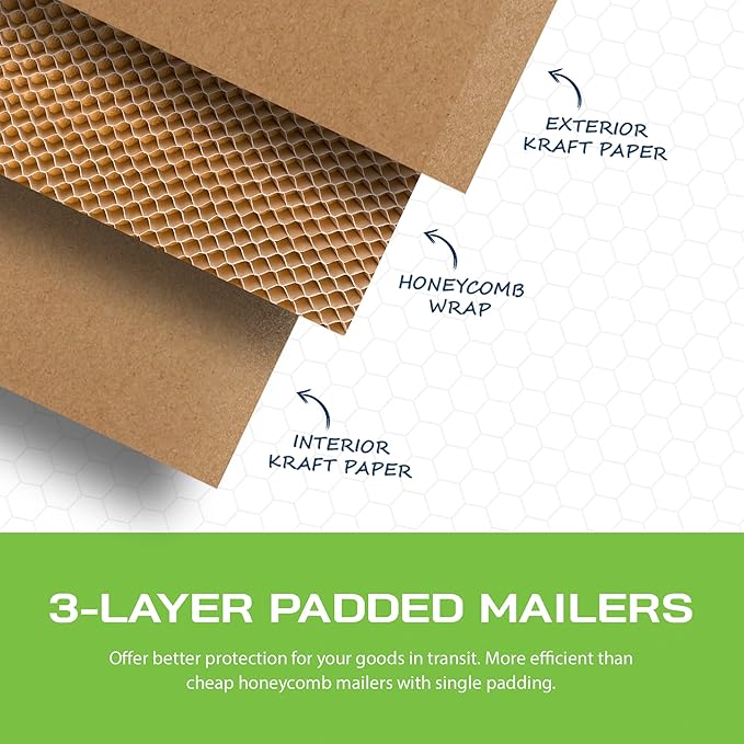 PACRON Biodegradable & Compostable Honeycomb Padded Mailers (8.5”x12"–100pk) Recyclable Hex Coat Paper Shipping Envelopes with Tamper-Resistant Self-Seal, Durable Brown Mailing Envelopes - Made in USA