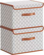 Tuza 2 Pack Fabric Storage Bins with Lids, Collapsible Closet Organizer Container, Decorative Storage Boxes with Lids for Organizing Clothes, Blanket, Grey & White, Extra Large