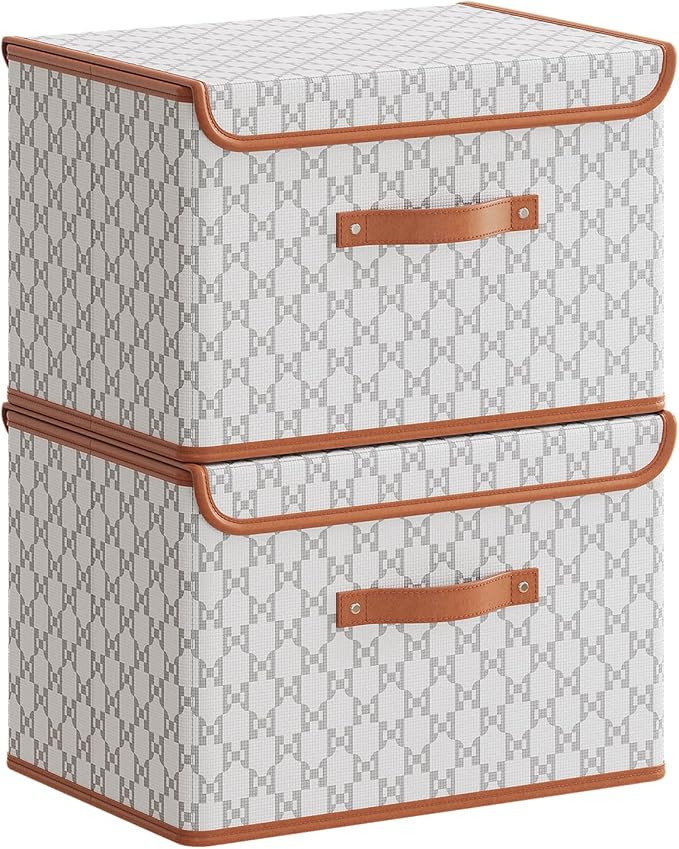 Tuza 2 Pack Fabric Storage Bins with Lids, Collapsible Closet Organizer Container, Decorative Storage Boxes with Lids for Organizing Clothes, Blanket, Grey & White, Extra Large
