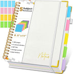 Spiral Notebook Journal with Removable Dividers Tabs, 300 Pages Hardcover Leather 5 Subject College Ruled Notebook, 8.5"x11" Large A4 Lined Journal for Women Men, Spiral Notebook for Work School,Beige