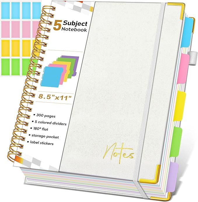 Spiral Notebook Journal with Removable Dividers Tabs, 300 Pages Hardcover Leather 5 Subject College Ruled Notebook, 8.5"x11" Large A4 Lined Journal for Women Men, Spiral Notebook for Work School,Beige