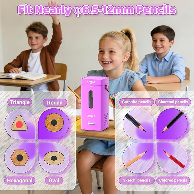 AFMAT Electric Pencil Sharpener, Fully Automatic Pencil Sharpener, Auto in & Out, Rechargeable Hands-Free Sharpeners for Jumbo & Colored Pencils (6.5-12mm), Portable for Home/Classroom/Office PSC6