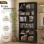 TVU 6-Tier Wooden Bookshelf, 77.2" Tall Farmhouse Style Open Bookcase, 31.5" W Standing Book Shelf with Storage, Suitable for Study, Living Room, Office, Blcak