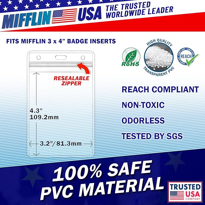 Mifflin-USA Large (L) Vertical ID Badge Holders (Clear, 3x4 inch, 1000 Pack), Plastic Nametag Covers with Zipper, Name Tag Holder