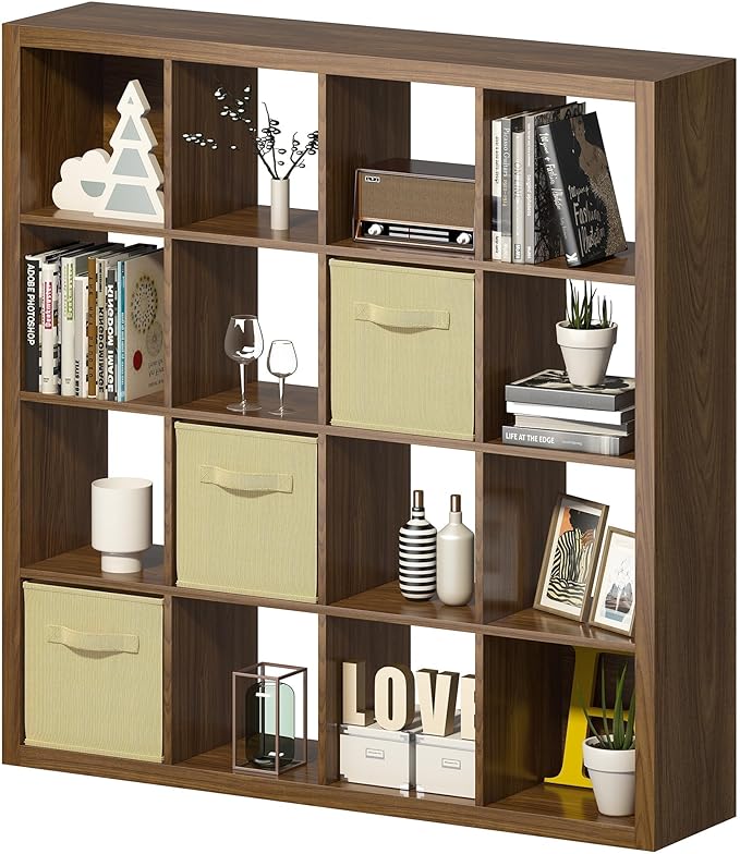 Bookshelf with Storage Bins, 16-Cube Storage Organizer Sturdy Wooden Cube Bookcase Horizontal Bookshelf with Storage, Furniture for Living Room Bedroom Office, Classic Oak