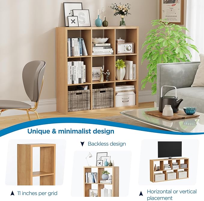 Jpiziso 9-Cube Storage Organizer, Wooden Cube Shelf Bookcase with Reinforced Thick Shelves, Heavy-Duty 36.93" L x 9.37" W x 36.93" H, for Living Room Bedroom Home Office, Natural-Oak