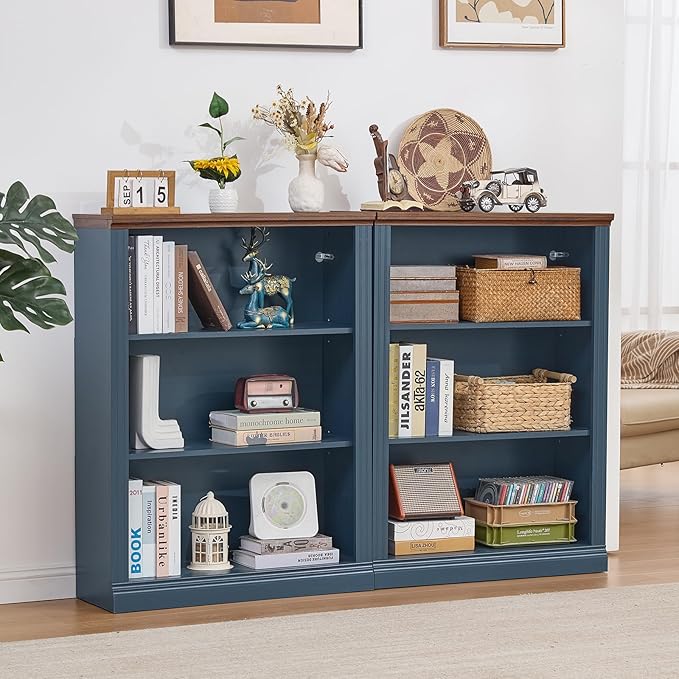 RWYHG 43" Blue Tall Bookshelf Set of 4,3-Tier Thick Wooden Book Shelf with Adjustable Shelves,Free Standing Farmhouse Bookcase with Open Display Storage,Floor Vintage Bookshelves for Living Room