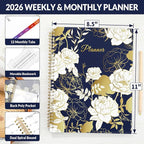 SUNEE 2026 Weekly and Monthly Planner - from January 2026 - December 2026, Daily Agenda Planner with Monthly Tab, Flexible Cover, Note Pages, Pockets, Bookmark, Spiral Binding, Vintage Floral, 8.5"x11"