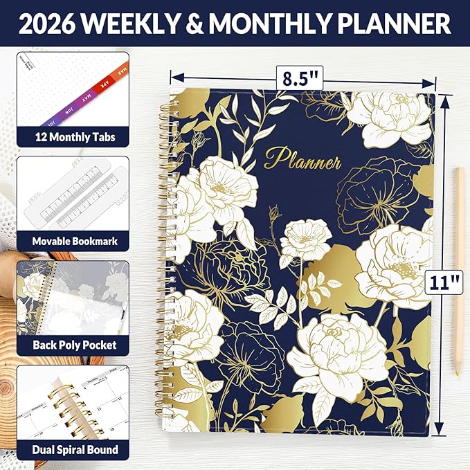 SUNEE 2026 Weekly and Monthly Planner - from January 2026 - December 2026, Daily Agenda Planner with Monthly Tab, Flexible Cover, Note Pages, Pockets, Bookmark, Spiral Binding, Vintage Floral, 8.5"x11"